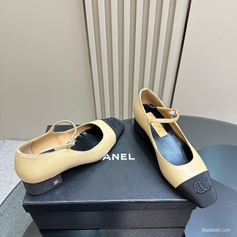 2025 Women Chanel Beige Black Leather Mary Jane Shoes KFY00290