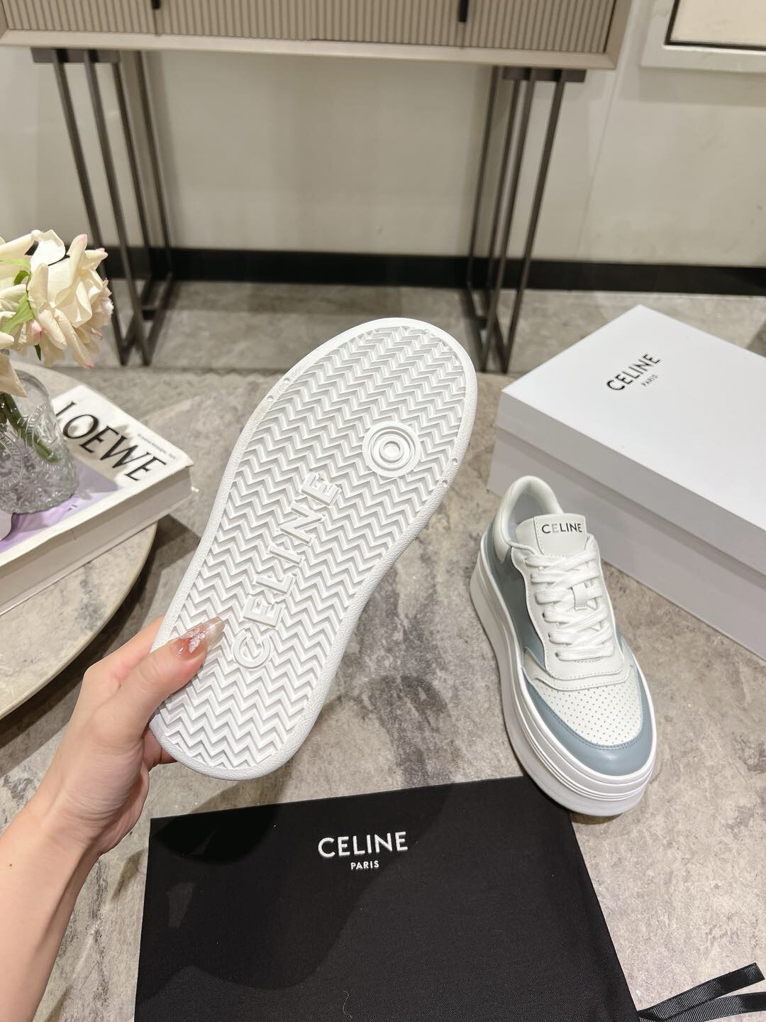 2025 Women Celine Blue White Leather Mesh Sneakers