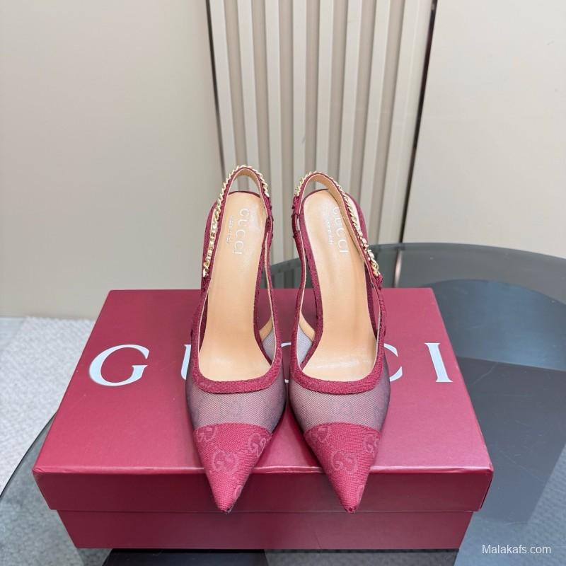 2025 Women Gucci Burgundy Mesh Chain Detail Slingback Pumps KFY00300(F)