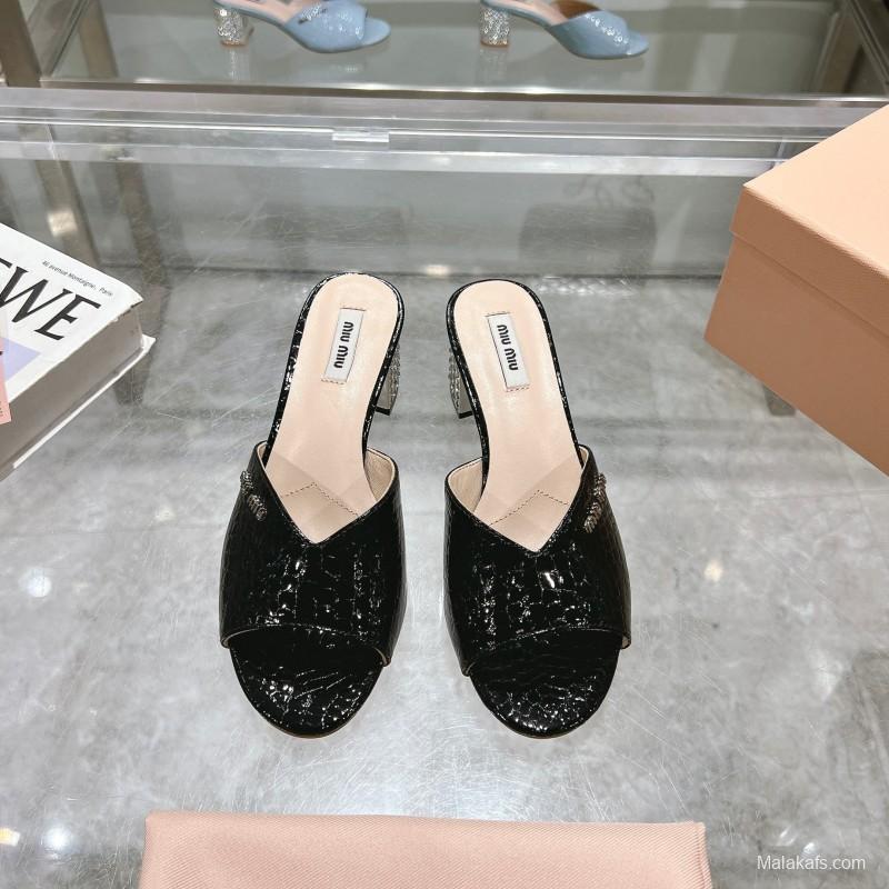 2025 Women Miu Miu Black Patent Leather Heeled Sandals