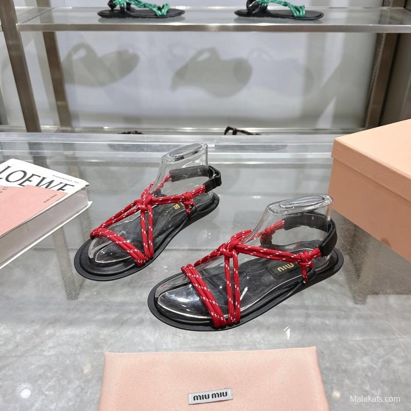 2025 Women Miu Miu Red Black Leather Rope Sandals KFY00200