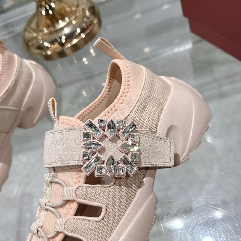 2025 Women Roger Vivier Pink Knit Suede Sneakers Crystal Buckle LY00300