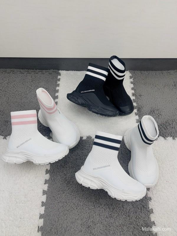 2024 Kids Dolce & Gabbana White Pink Black Knit Fabric Sneaker