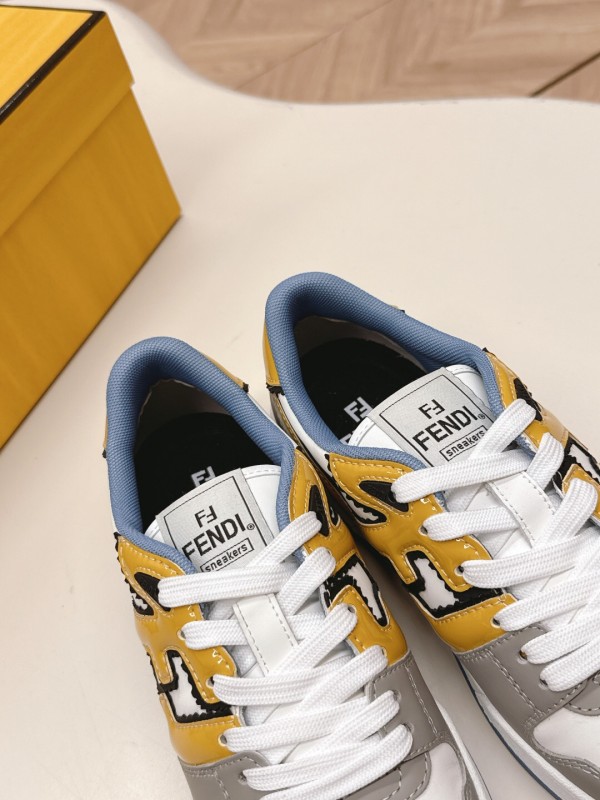2025 Unisex Fendi White Yellow Grey Leather Sneakers FD Match LY00360(F)/LY00370(M)