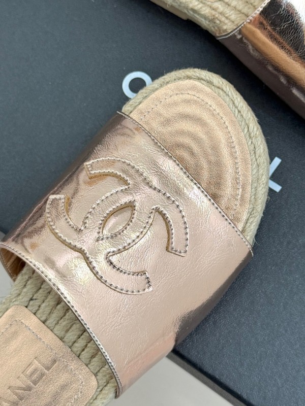 2025 Slippers Chanel Rose Gold Leather Women Espadrille Handmade KFY00230