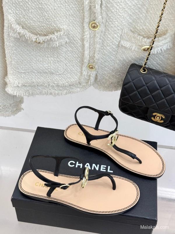 2025 Women Chanel Black Leather Sandals KFY00290