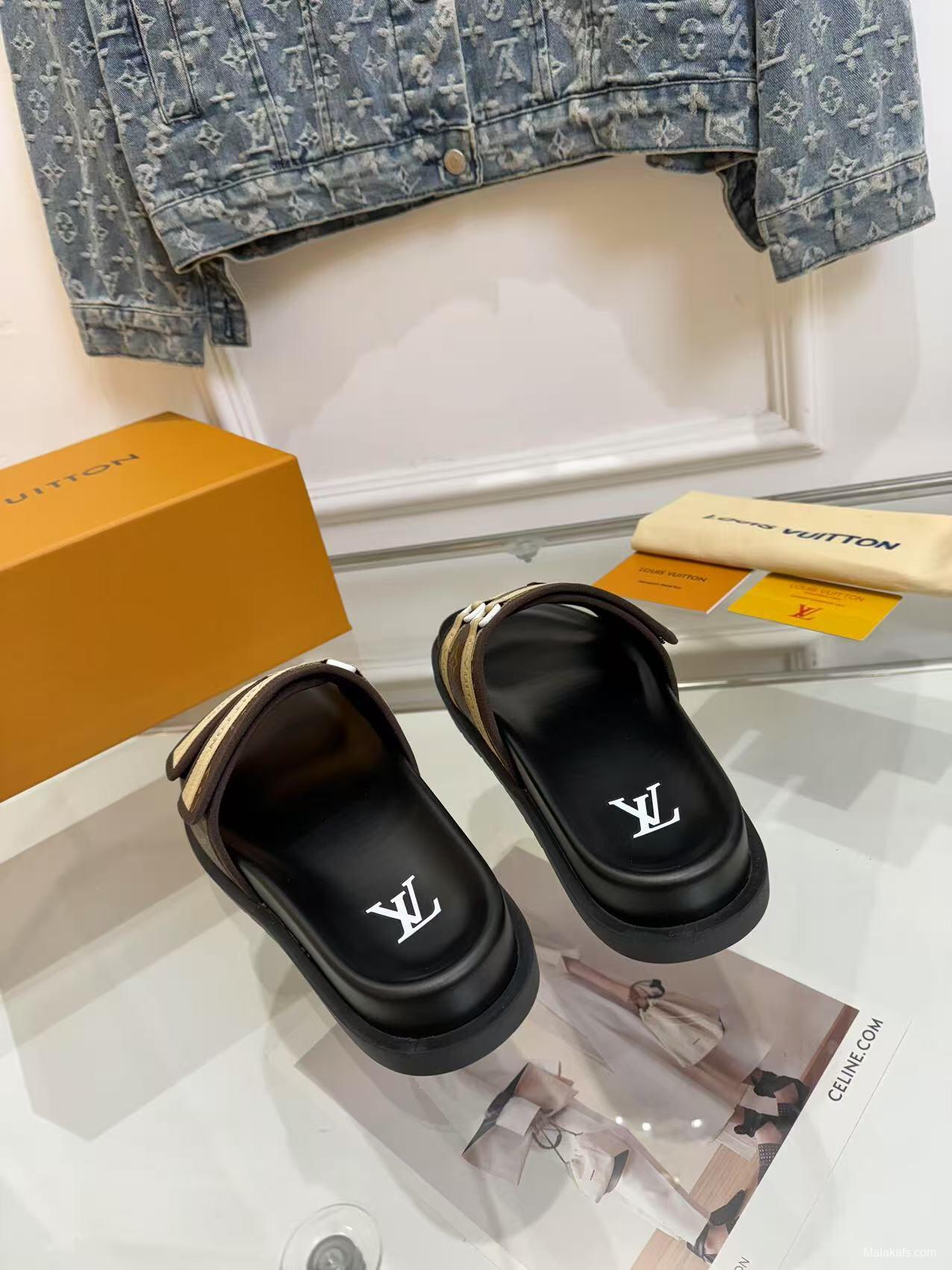 2025 Slippers Louis Vuitton Brown Canvas Leather Slippers LY