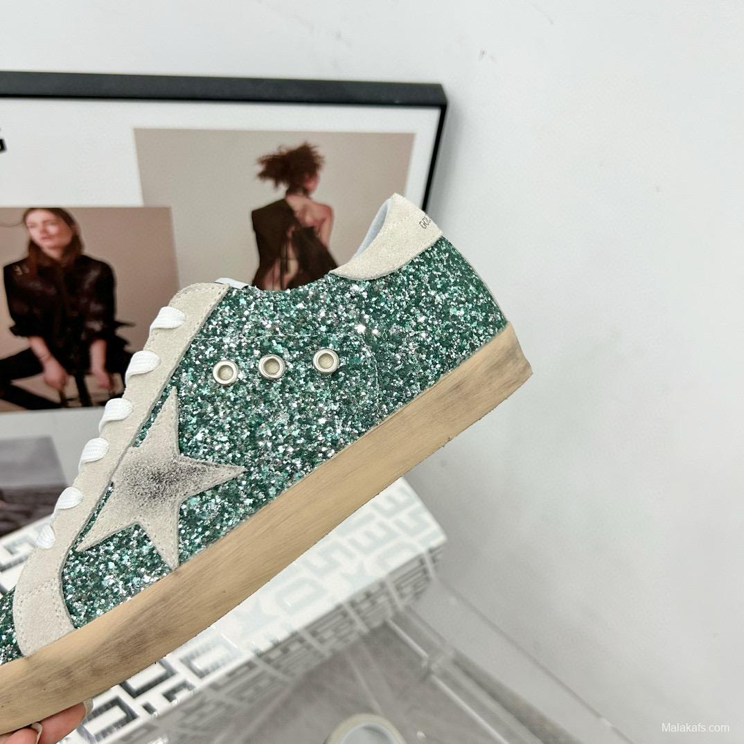 2025 Women GGDB Green White Suede Leather Star Sneakers