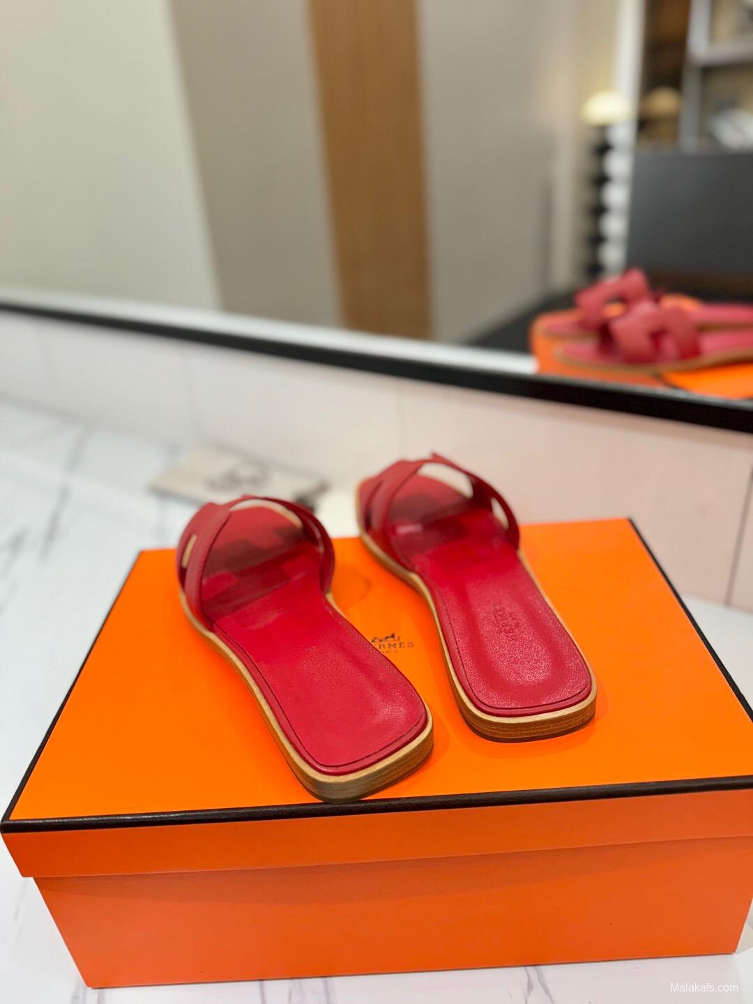 2025 Women Hermès Red Leather Slippers