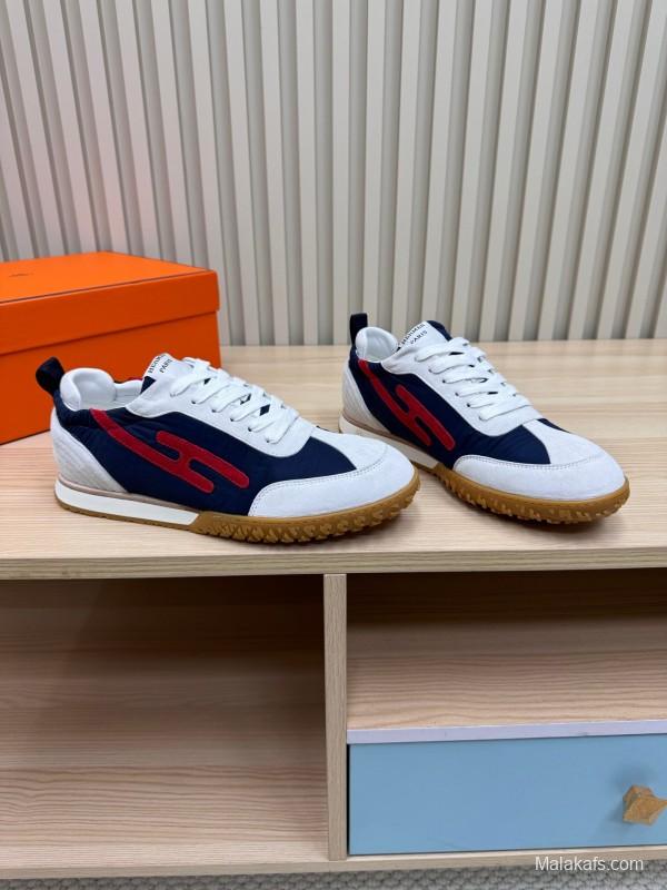 2025 Unisex Hermès White Navy Red Suede Down Fabric Sneakers Top Version LY00310