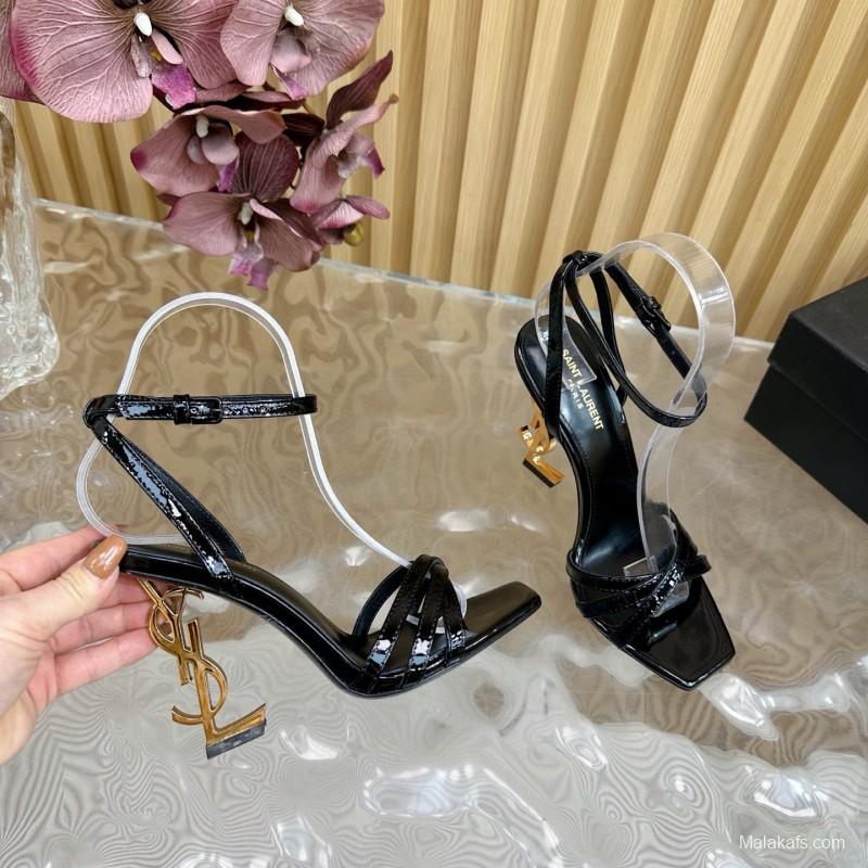 2025 Women Yves Saint Laurent Black Patent Leather High Heel Sandals Metal Logo MJ00310