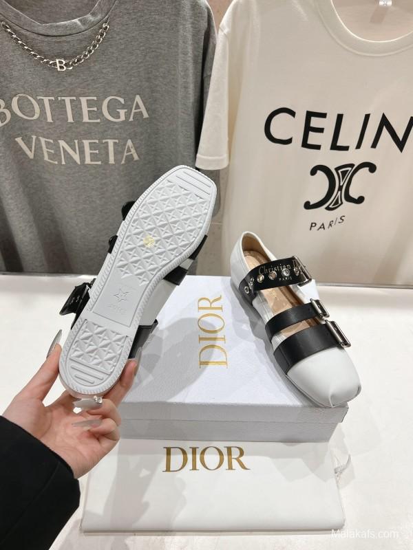 2025 Women Dior White Black Leather Mary Jane Buckle KFY00300