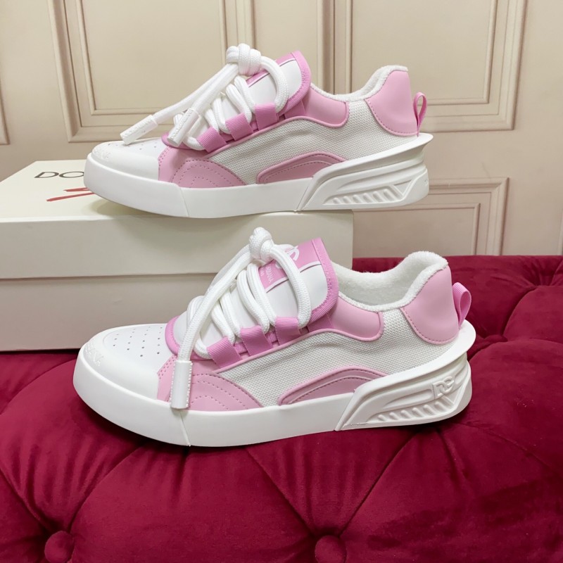 2025 Women Dolce & Gabbana White Pink Leather Mesh Sneakers