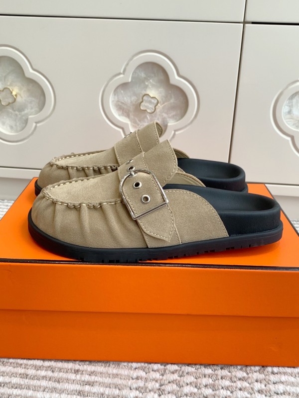 2025 Women Hermès Beige Suede Mule Loafers KFY00290