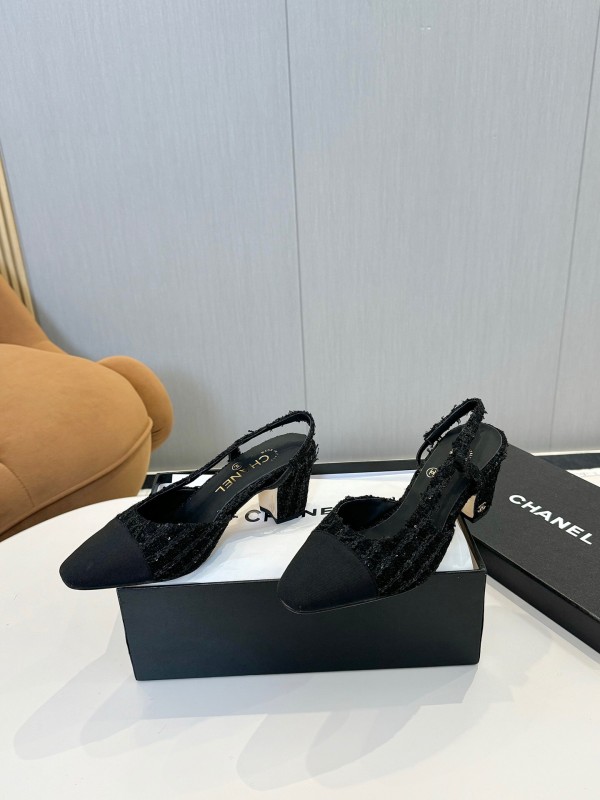 2025 Women Chanel Black Wool Leather Slingback Pumps