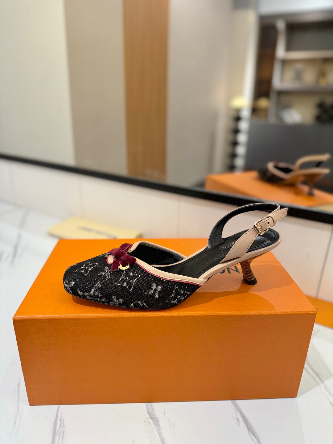 2025 Women LV Black Pink Denim Leather Slingback Heels KFY00310