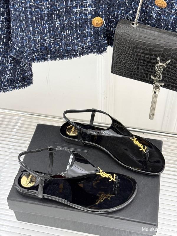 2025 Women Yves Saint Laurent Black Patent Leather Thong Sandals