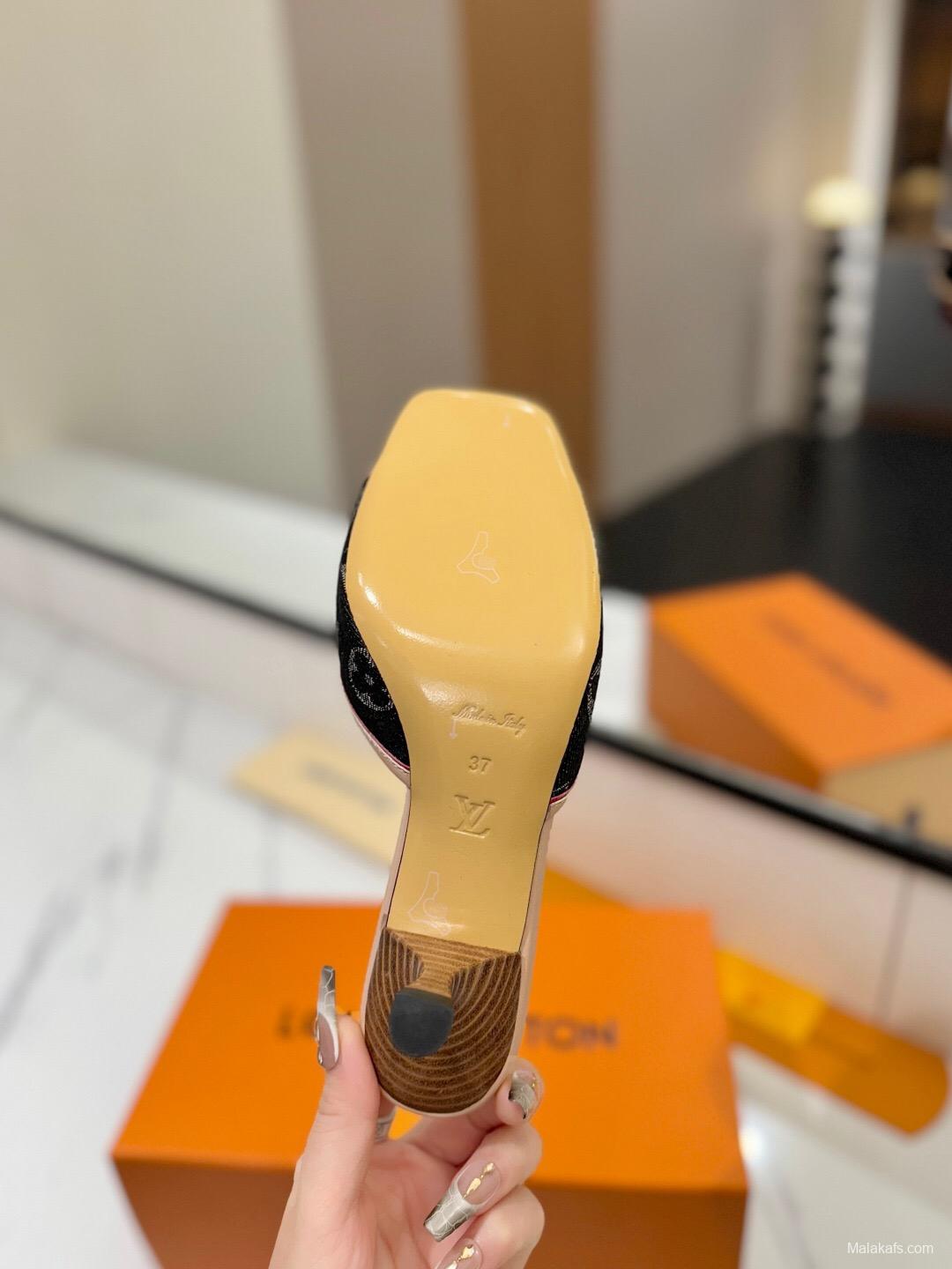 2025 Women Louis Vuitton Black Beige Canvas Kitten Heel Bow KFY00310