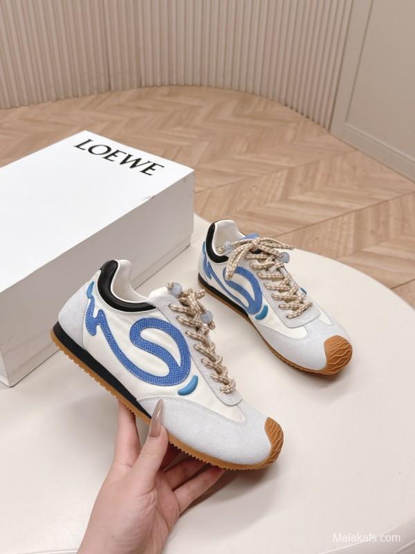 2025 Unisex Loewe White Blue Suede Mesh Casual Sneakers KFY00300