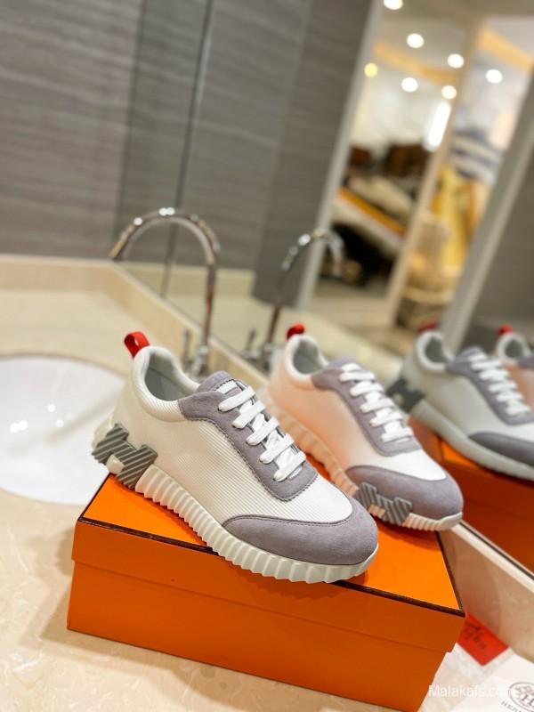 2024 Women Hermès white gray mesh suede sneakers