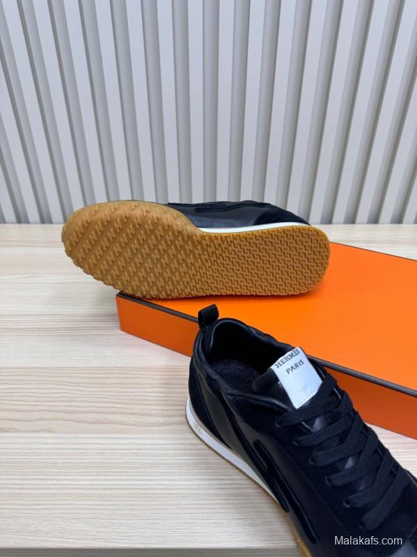 2025 Men Hermès Black Suede Leather Sneakers LY00310