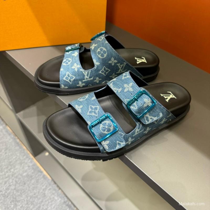 2024 Slippers Louis Vuitton Blue Denim Leather Slippers LY00420