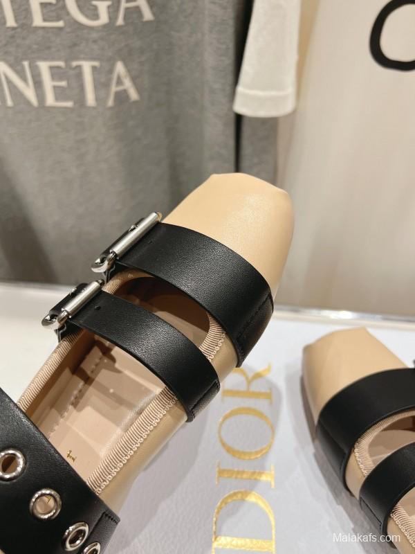 2025 Women Dior Beige Black Leather Mary Jane Buckle KFY00300