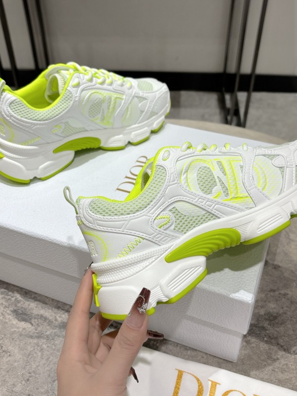2025 Women Dior White Neon Yellow Mesh Leather Sneakers KFY00370