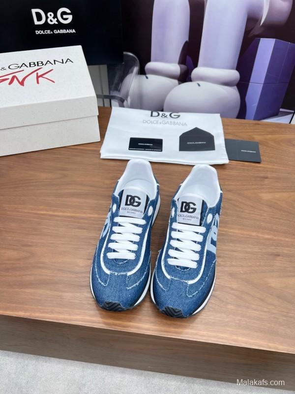 2025 Unisex Dolce & Gabbana Blue Denim Leather Sneakers LY00300