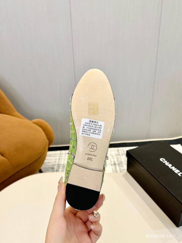 2025 Women Chanel Green Black Lambskin Ballet Flats LY00250