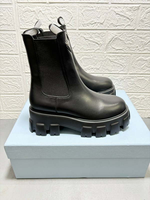 2024 Women Prada Black Leather Chelsea Boots MJ00380