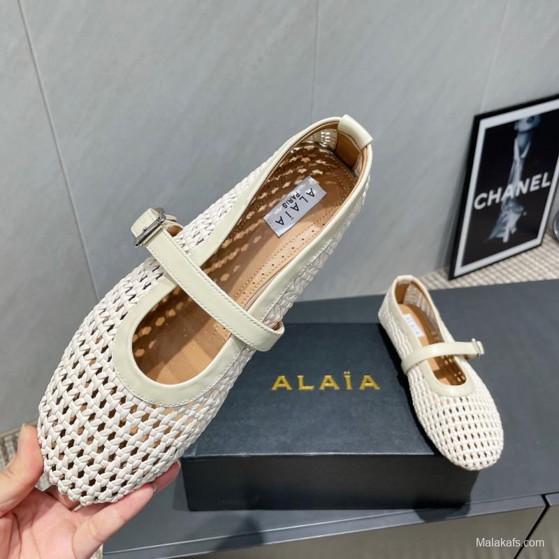 2025 Women Alaïa White Leather Woven Mary Jane Flat Shoes LY00360(F)