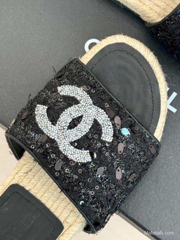 2025 Women Chanel Black Sequin Espadrille Slides Classic Double C Logo Handmade Braided Sole KFY00240(F)