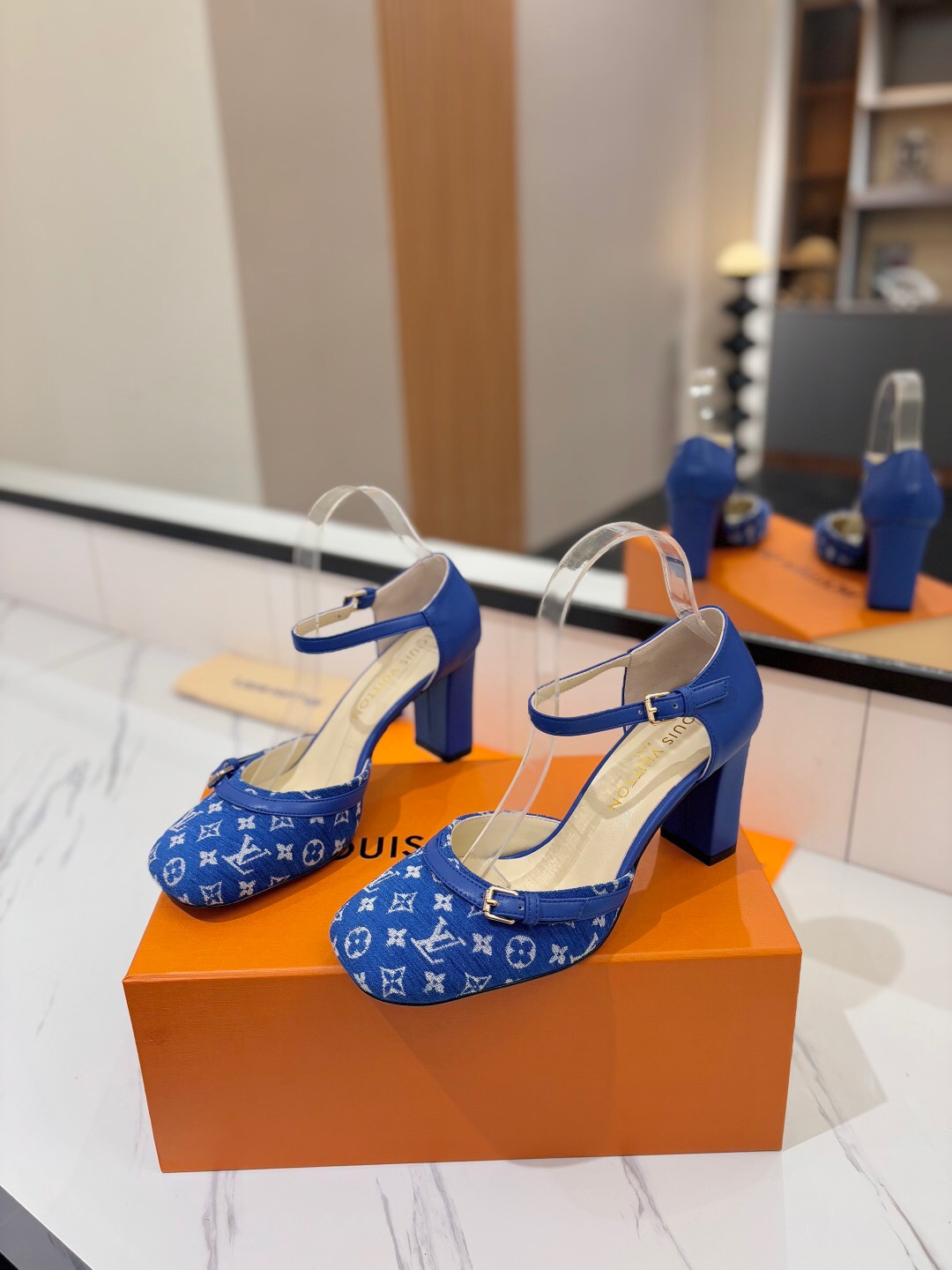2025 Women Louis Vuitton Blue Denim Leather Heels KFY00310