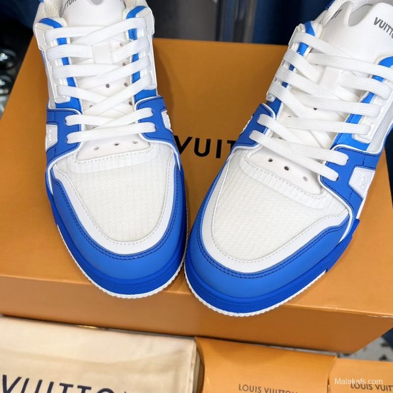 2025 Men Louis Vuitton White Blue Leather Trainer