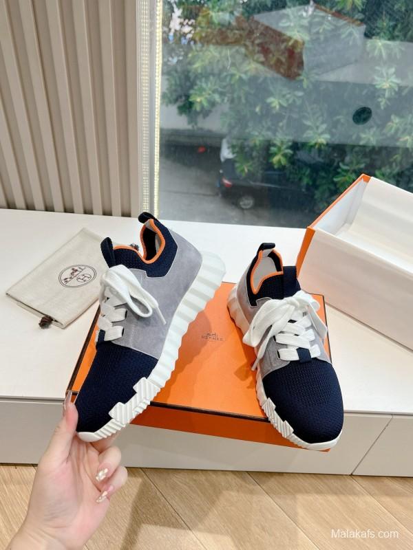2024 Unisex Hermès blue grey orange knit leather sneakers