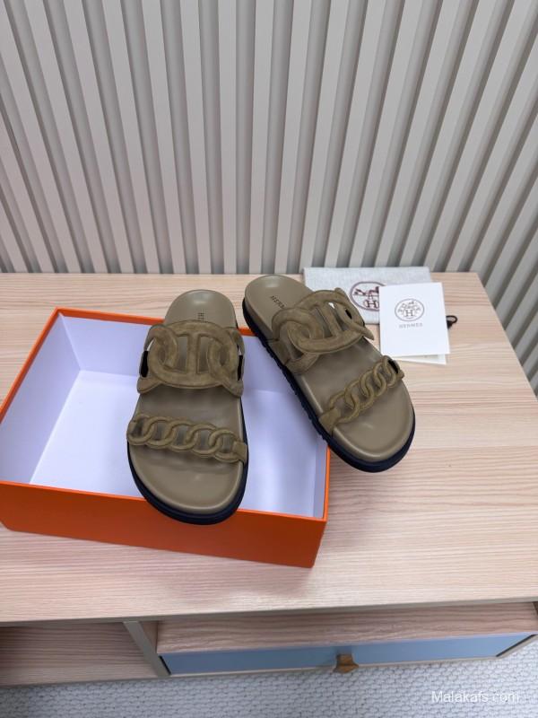 2025 Women Hermès Khaki Suede Slippers