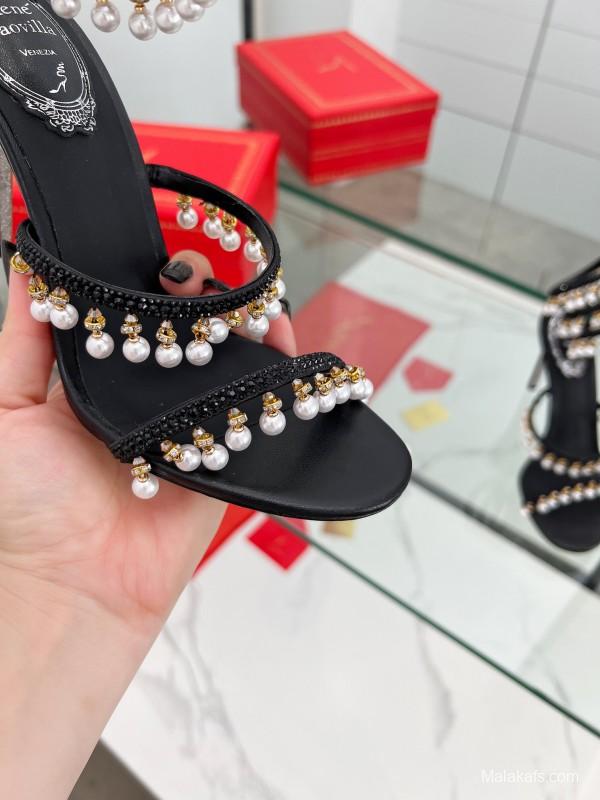 2025 Women RC Black Silk Crystal Pearl High Heel Sandals LY00360