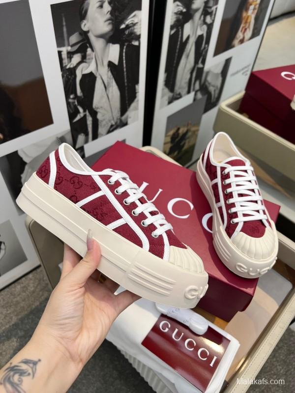 2025 Women Gucci Burgundy Canvas Rubber Sole Thick Platform Sneakers Handcrafted LY00270