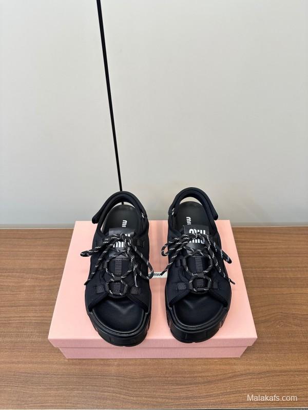 2025 Women Miu Miu Black Leather Sandals LY00240