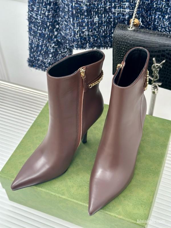 2024 Women Gucci brown calf leather ankle boots chain MJ00410