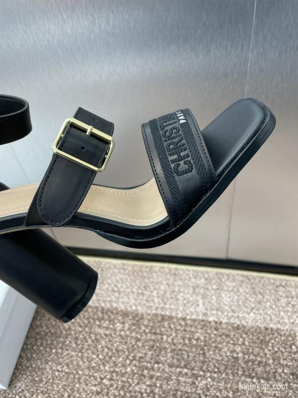 2025 Women Dior Black Leather High Heel Sandals KFY00310
