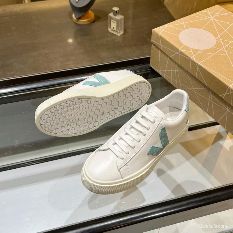 2025 Unisex VEJA White Blue Leather Canvas Sneakers Vulcanized MJ00240