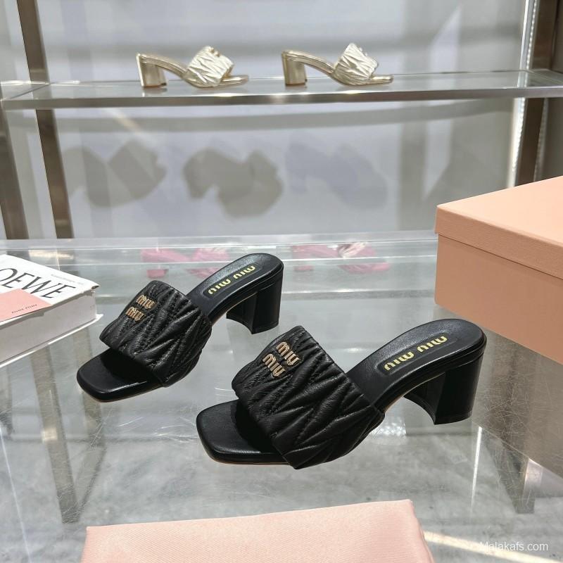 2025 Women Miu Miu Black Leather Sandals