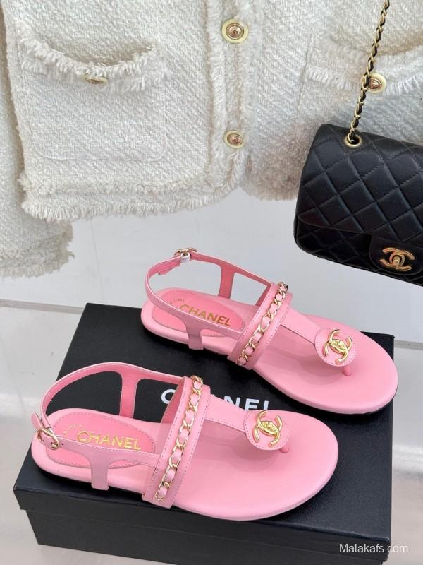 2025 Women Chanel Pink Lambskin Sandals CC Logo KFY00250