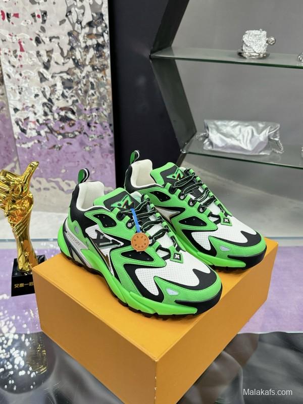 2025 Men Louis Vuitton Green Black White Mesh Leather Sneakers MJ00420