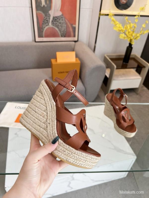 2025 Women Louis Vuitton Brown Leather Espadrilles Sandals MJ00280