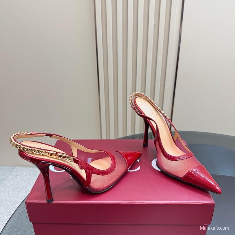 2025 Women Gucci Red Patent Leather Pointed Toe Slingback High Heel Pumps With Chain Detail KFY00300(F)