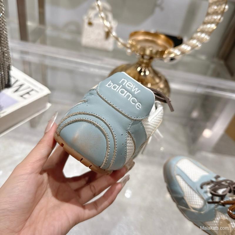 2025 Women Miumiu Light Blue White Leather Mesh Sneakers