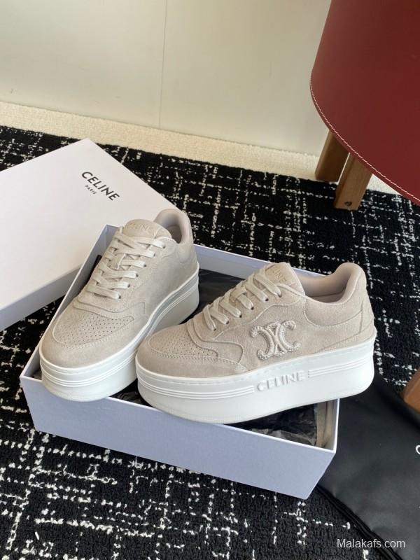 2025 Women Celine Beige Suede Platform Sneakers CELINE Embroidery